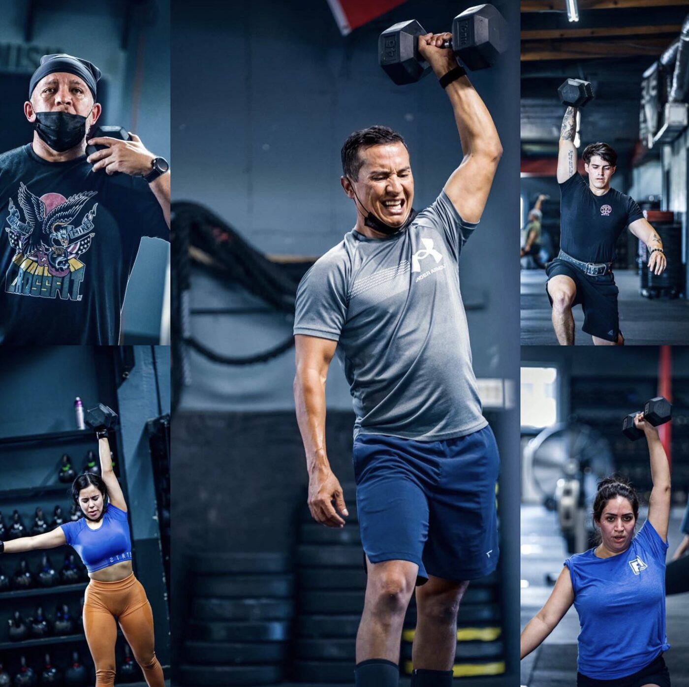 Members lifting dumbbells, running and working ropes during class